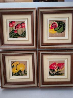 Vintage Set of 4 Framed Fruit Needlepoint Art – Mid-Century Kitchen Decor